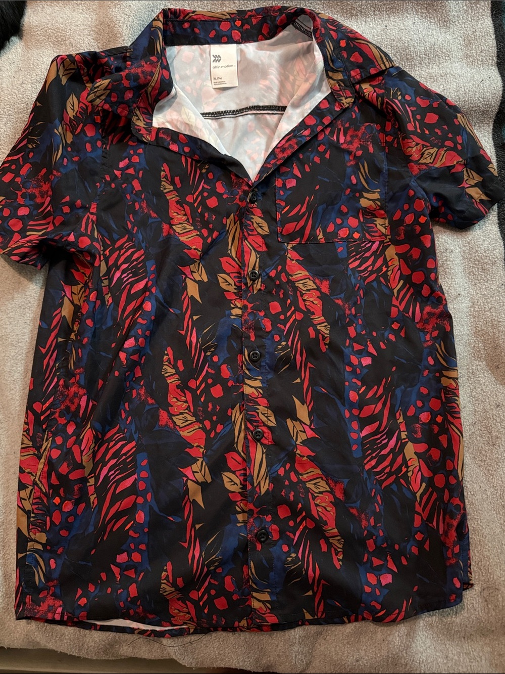 Kids Short Sleeve Printed Button-Up Shirt - Red & Black